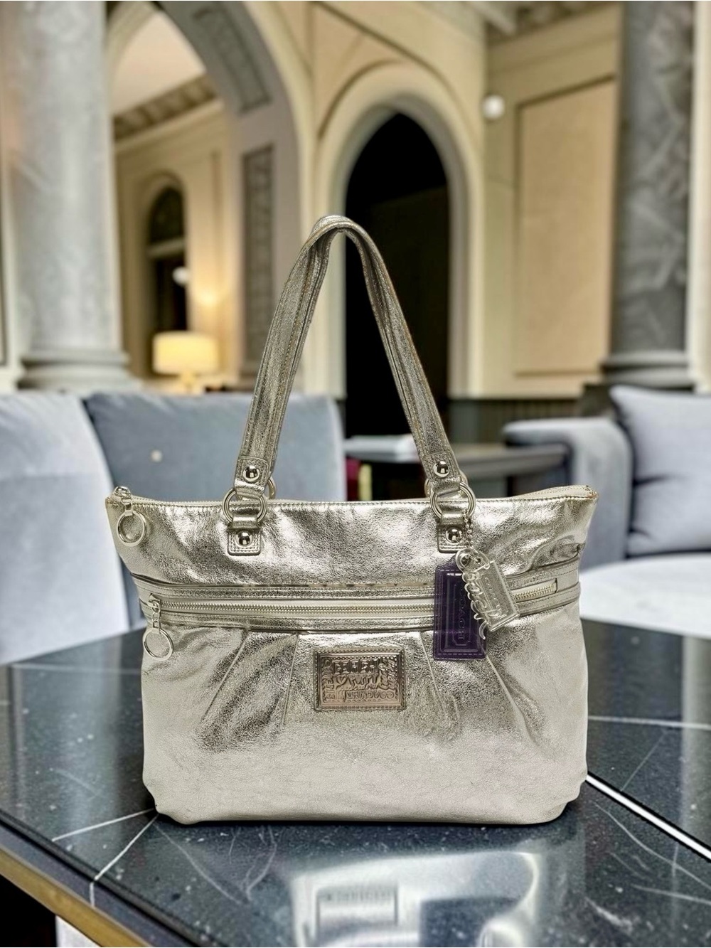 COACH Poppy Metallic Silver Glam Tote – Y2K Statement Bag